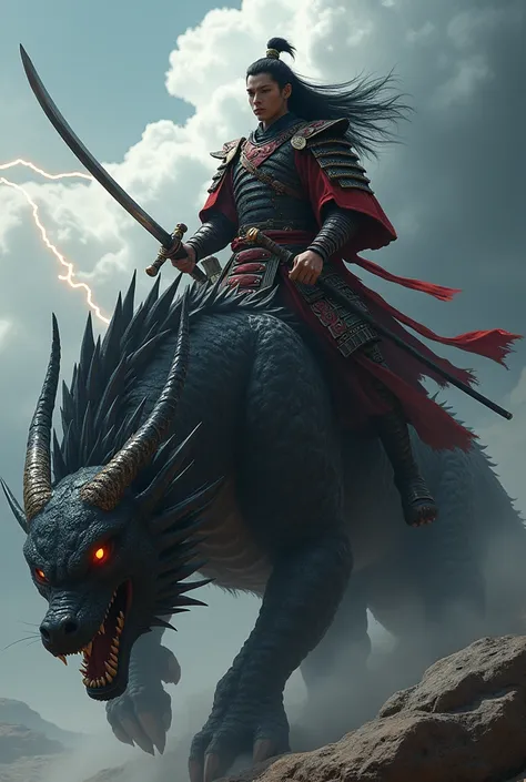 A samurai riding on top of an ultra realistic beast