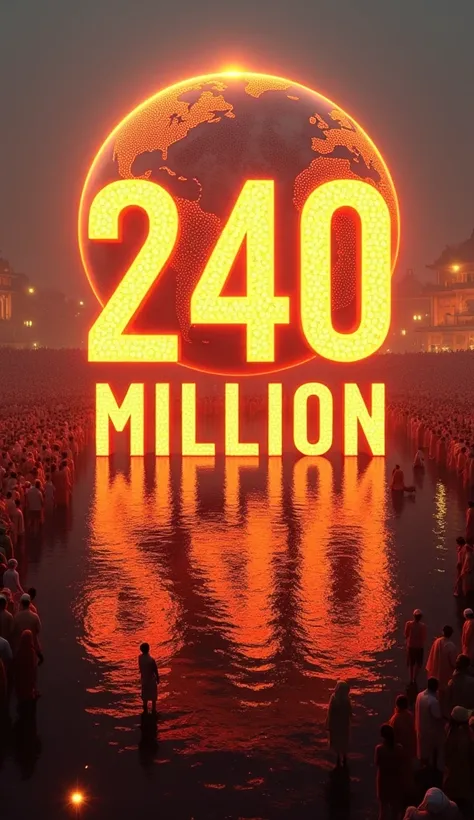 An infographic-style image highlighting the number 240 million in bold, glowing letters, surrounded by artistic visuals of a massive crowd at the Prayagraj Kumbh Mela. The Sangam rivers are packed with pilgrims, while a translucent globe in the background ...