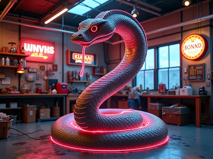 the sign shop ,  in the center is a large three-dimensional beautiful kind metal snake,  workers decorate it with glowing neon and LED strip 