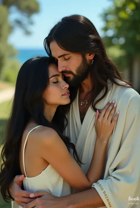 A photo of a woman with black hair resting on Jesus chest. Jesus has long hair and is wearing a white robe. The background is a serene setting with lush greenery and a blue sky. There is a book with the title "book" in gold letters and the authors name "Li...