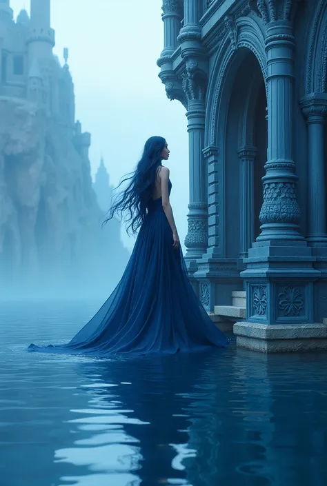 A woman who lives in a blue castle on the water. The woman looks out from the balcony of the castle. This woman is the water element. Her hair is navy blue and she has a dark blue dress.