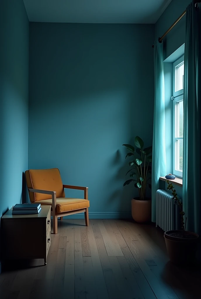 corner of a room without windows, cozy empty room ,  soft blue walls, dark floor 