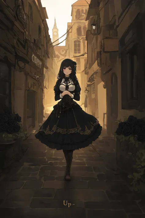 In a style that mixes steampunk with londongothic illustration a woman with a black rose in her hands that seems to cry. She is walking through a strange city.