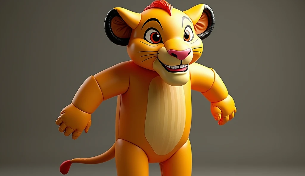 Realistic, man stretching open and getting inside putting on a skintight living inflatable simba costume, simba has devious grin, inflatable, air filled toy with seams and a valve, rubbery shine and texture, simba from lion king