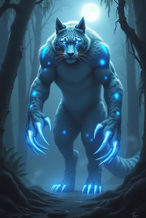 A snow leopard-red fox hybrid, towering with sharp talons, glowing blue markings, and an eerie aura, standing in a dark jungle where the fog is illuminated by faint moonlight."