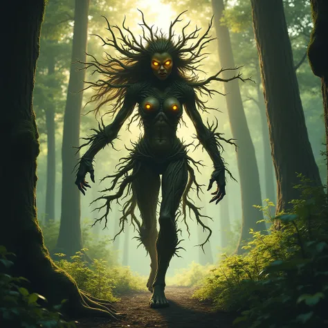 A dangerous and aggressive Dryad, a spirit of the tree from Greek mythology, stands in the heart of a sunlit forest, her form an unsettling fusion of human and tree. Her body is partly made of gnarled, dark bark, with limbs that resemble thick branches, tw...