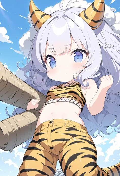 Chibi, girl of thunder hiding on cloud and observing the ground, tiny horns, tiger print crop shirt, tiger print pants, carrying metal club, fluffy clouds, clear blue background, fairy tale fantasy anime illustration art, ultra detailed, absolutely resolut...