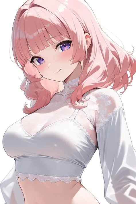 (Best quality, 4k, 8k, high resolution, masterpiece:1.2), ultra detailed, intricate details,SOLO,beautiful woman, alone, crop top dress, middle hair, pink hair, blunt bangs,Loose and fluffy hair、、purple eyes, medium breasts,  blush, perfect smooth skin, lo...