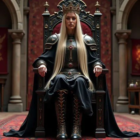 In a medieval castle, a white woman, 40 years old, very long straight very blond hair, slim, full body visible from feet to head, standing in front of throne,covered in black metal armor. Armor elements on torso and arms. Royal crown, religious symbolism. ...