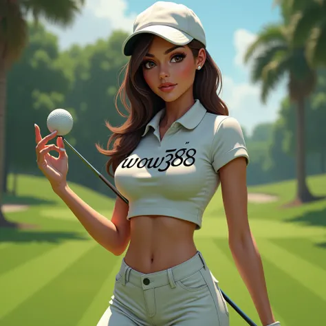 seen on the golf course beautiful lady using a golf hat and dressed sexy with the inscription wow388 on her shirt
