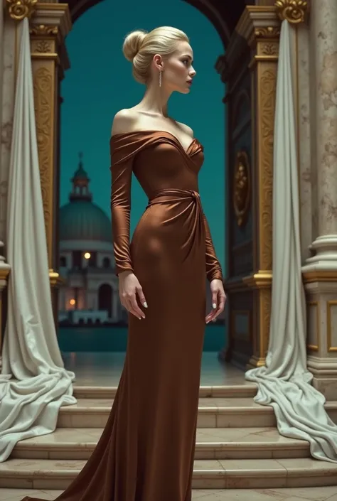 Pale skinned woman with blonde hair styled updo elegant in a long fitted dress bare , brown silk with an elegant sleeve parad@  in profile on marble stairs decorated with white silk fabrics ,  at the entrance of a church with an aqua-colored dome , at nigh...