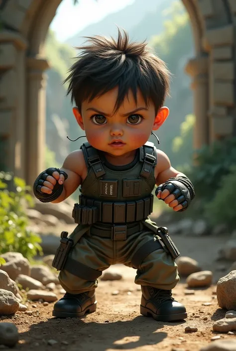 Create a baby boy inspired from lady lara croft at tomb rider movie.fully war equipment and punching 