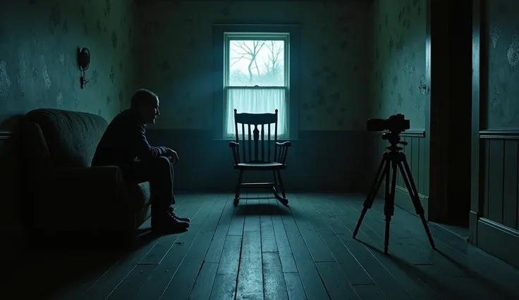 "A dimly lit room with an eerie atmosphere, featuring an old rocking chair in the center. A camera is set up on a tripod, pointed directly at the chair. In the corner of the room, a man sits in shadow, watching the chair intently. The room has a rustic and...