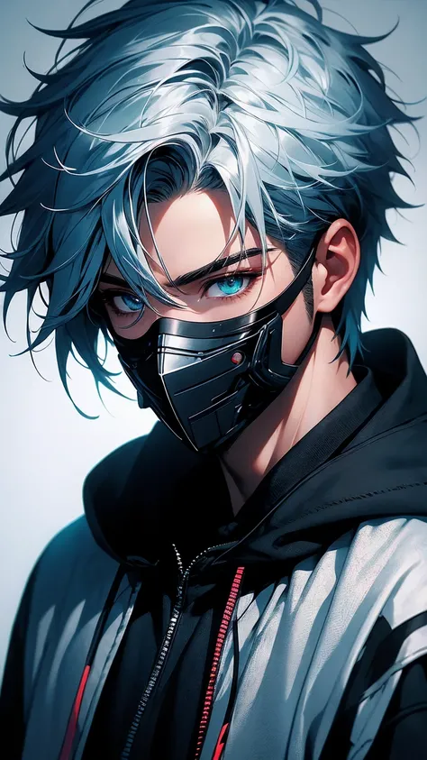 1 man, gradient hair, fade hair cut, black hair, short hair, multicolored hair, silver hair, black hair, messy hair, headphones, hood down, mouth mask, metallic mask, scar across eye, aqua eyes, gradient eyes, anime, textured skin, super detail, UHD, maste...