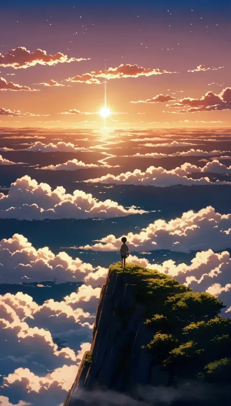 Fraction_9, Fraction_8_above, There is a sea of clouds realist !!!!!。,cloudy, Textured clouds anime-style a painting of a boy with arms outstretched### on the edge of an abyss !!! watching a vast sky , anime landscape, inspired by the brothers anime be...