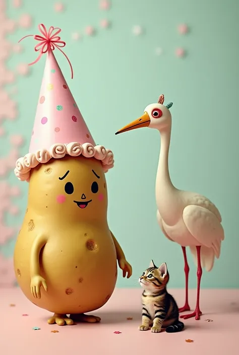 A photo of a potato with a hat and crane wishing happy birthday, kitty