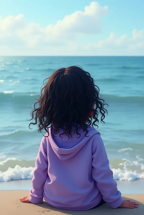 Fair skin indian girl with chubby cheeks, wavy and curly hair sitting by sea wearing light purple hoodie by admiring the sea.show hair only not face.post from backwards