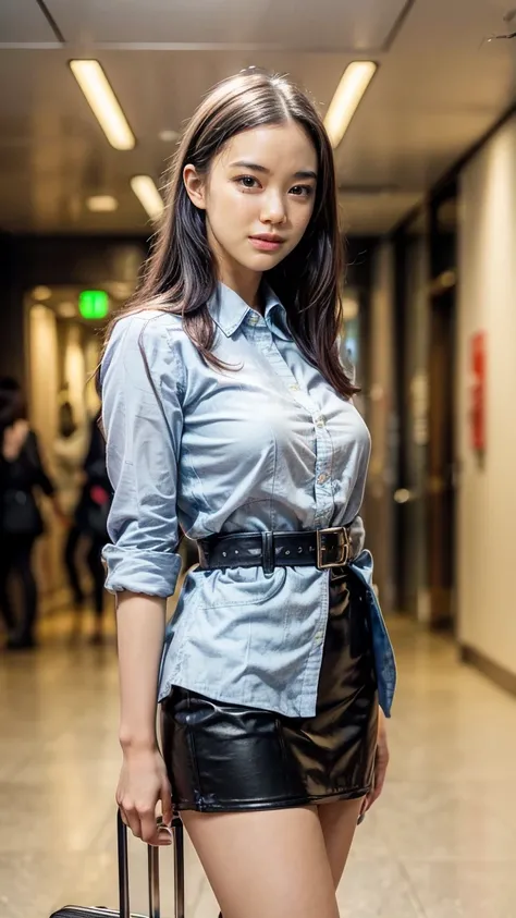 A beautiful, 24-year-old Japanese woman with perfect anatomy, healthy thighs, beautiful legs, beautiful skin, random hair color and style, large breasts, (wearing a flight attendant uniform with a mini-skirt:1.3), (she is standing:1.2), full body shot, pum...