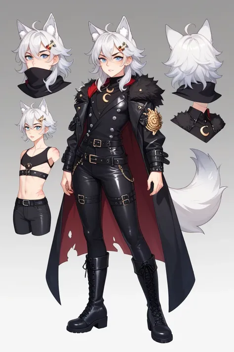 full body, femboy, human, fully clothed, An illustration, (masterpiece、最high quality、high quality)、pure white background, Character design, Character sheet, pale skin, wolf, wolf ears, wolf tail,  Faint glowing marks, like tribal runes or claw scratches, a...