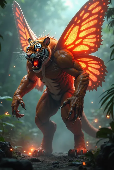 A terrifying tiger-butterfly hybrid with massive, glowing, serrated wings, sharp claws, and a muscular form, roaring fiercely in a jungle bathed in ominous red light."