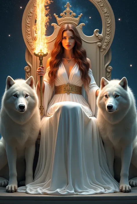 A goddess of the night wearing a long white robe, with stars all around her. She has long chestnut brown hair, pink lips, a perfect nose, and onyx eyes. Two fierce huge wolves ready to pounce on anyone crouch on either side of her while shes seated on a st...