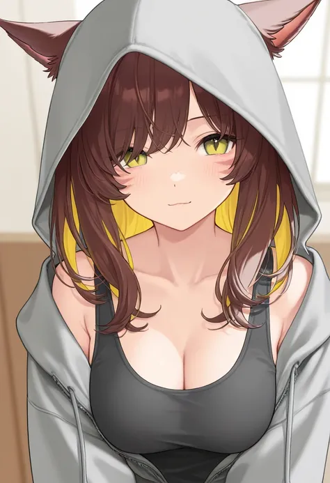 masterpiece,1girl, Miqote, colored inner hair Brown hair Yellow hair, cat_ears, gray oversized hoodie, Inner tank top , Hair on one eye, Long hair tips, 膝を抱える, 頬に手の甲を当てる