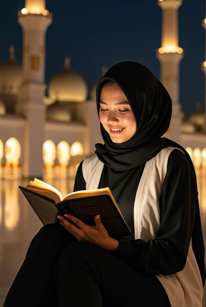 Seorang gadis cantik Korea wearing jilbab putih, black shirt, in white vest lining , wearing,  while reading the book with embossed text  (QURAN ) The holy book of Muslims with the effect of blinding light,  in front of a magnificent mosque at night .  Sit...