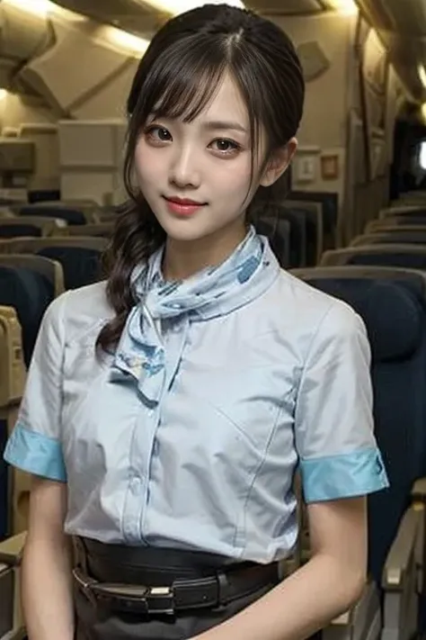 （ANA flight attendant uniform）、（short sleeve light blue blouse ）、（ wrap a scarf around your neck ）、（ long hair upstyle 、bread）、 Japanese woman、18 years old,smile