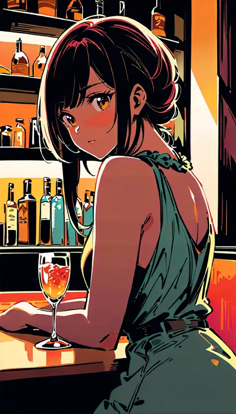 A sexy woman lonely in a bar at night, painting style,a glass