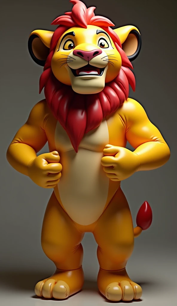 Realistic, man stretching open and getting inside putting on a skintight living inflatable simba costume, simba has smug grin, simba is extremely sexually pleasuring man, inflatable, air filled toy with seams and a valve, rubbery shine and texture, simba f...