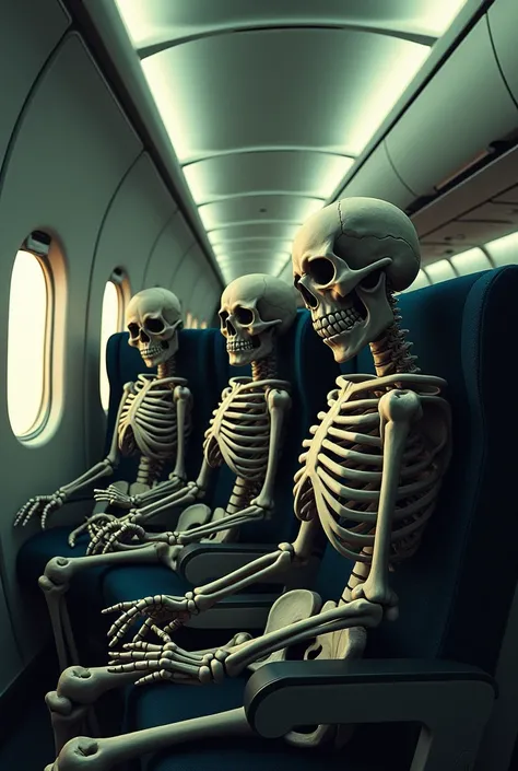 ((best quality)), ((masterpiece)), (detailed), all passenger seat in a plane and passengers are skeleton.