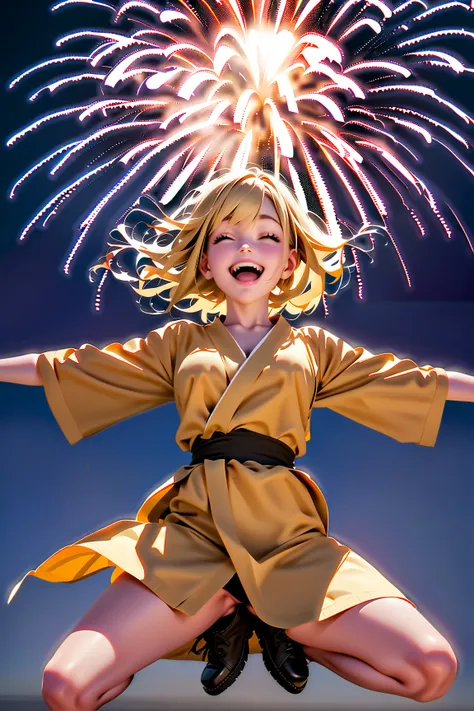 score_9, score_8_up, score_7_up, score_6_up, score_5_up, score_4_up, high quality, masterpiece, HDR, photorealistic, wide shot, 1 girl, floating girl, blonde hair, yellow yukata, open mouth, happy, closed eyes, smile, BREAK spread legs, spread arms, in sky...