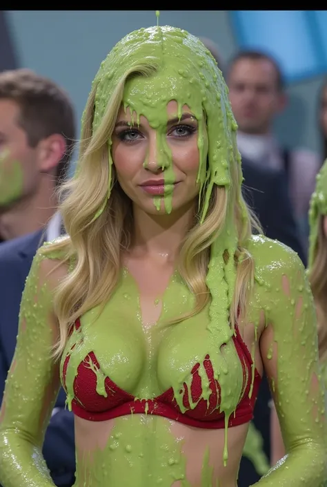 DSLR photograph of girl covered in green sticky liquid. Photorealistic. Glistening liquid. Nasty slime. Raw photo. F/1.4 aperture. 35mm. Red lace bra. Cleavage. Blonde hair. Gameshow. Portrait photograph. Green Slime. Wearing black eyeliner. Wearing long f...