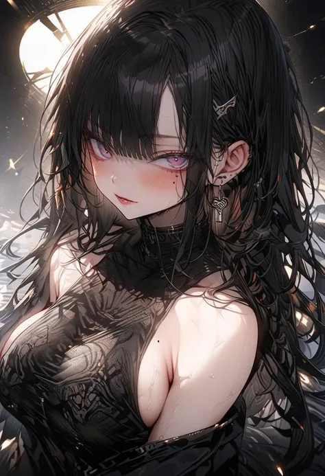 (( high resolution, masterpiece,  anatomically correct,  ultra high definition ,  smooth skin,  Very Detailed , Detail)),  has very long hair,  hair down to the shoulder ,  big boobs,  dark makeup,  black hair, Under eye spots,  sexy,  Watching Viewers, on...