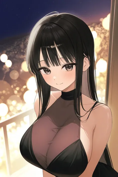  girl、 long black hair、 straight、Big Breasts、 black dress、 party venue 、valley、