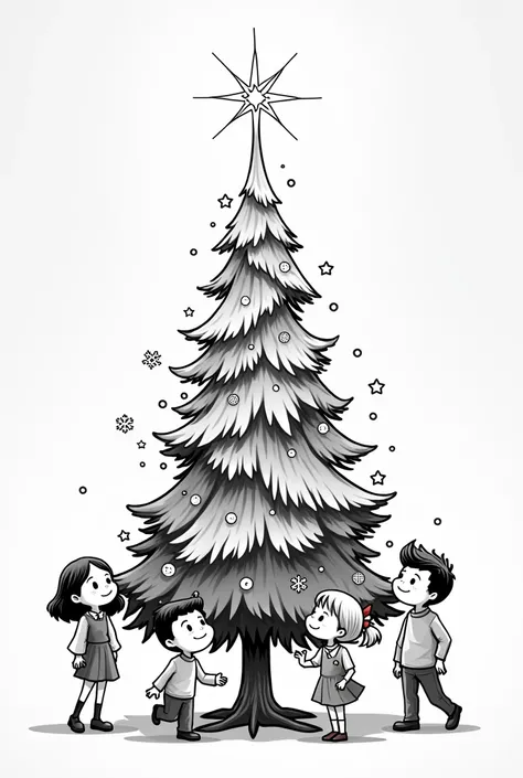 Stylized black and white Christmas tree drawing with Clara Andrea Léa Nadia Marc 