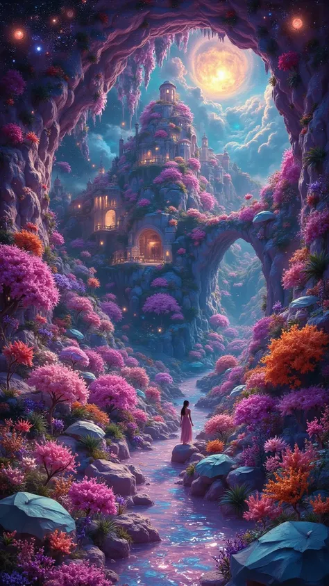 Fantasy World Art: A Dreamy Paradise**Pretty breathtaking fascinating scene from paradise land
Create an official art piece in 8K resolution that transports viewers to a fantastical paradise. 

The scene features a single girl captured from a dynamic angle...