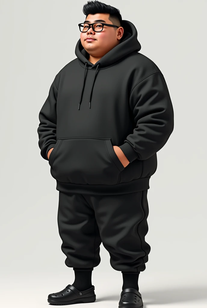 tall young chubby filipino male wearing an oversized black puffy hoodie, black baggy sweatpants and black anklet socks with black crocs, wearing black framed square shaped anti-radiation glasses too, has black hair styled into a middle part, hooded eyes wi...