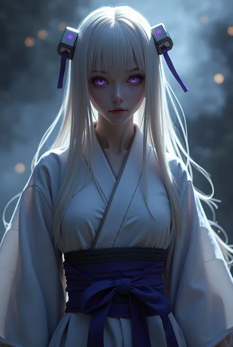 Assassin female android, drow japanese yukata chest covered, smile, Gray skin, garter belt,  pale golden hair and violet eyes. yukata clothing of white and silver with deep blue or purple, grey smoke mist background, in mysterious Japan at night, perfect d...