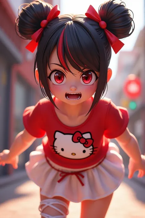 Image of an adult 3D anime with an angry expression with red and black hair with Maria Chiquinha and two red ribbons in her hair she has a cute face has a snow-white skin color she wears a red blouse with the image of Hello Kitty she wears a short white sk...