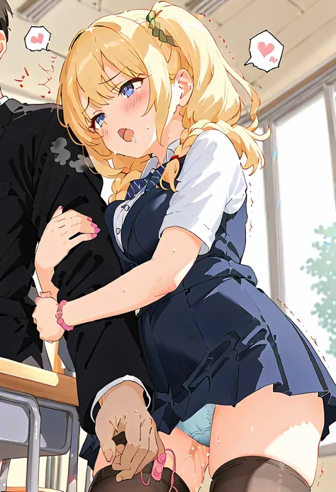 (masterpiece,beautiful,hughres,CG,8k,16k,best quality,high-resolution,detailed fingers,detailed hands,detailed legs,detailed eyes:1.5),from side,from below,panties focus,1girl,(classroom:1.5),(blonde hair:1,8),(braided hair,twintails:1.5),(school uniform,w...