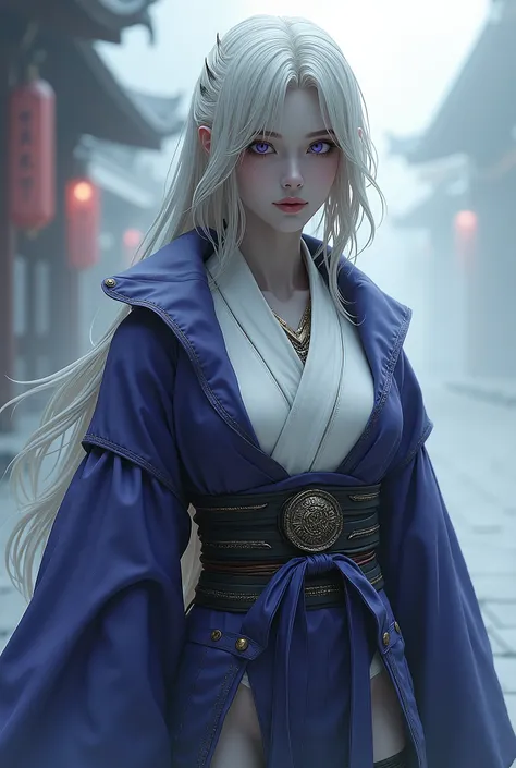 Assassin female android, drow japanese yukata chest covered, smile, Gray skin, garter belt,  pale golden hair and violet eyes. She prefers clothing of white and silver with cloaks of deep blue or purple, grey smoke mist background, in mysterious Japan, hug...