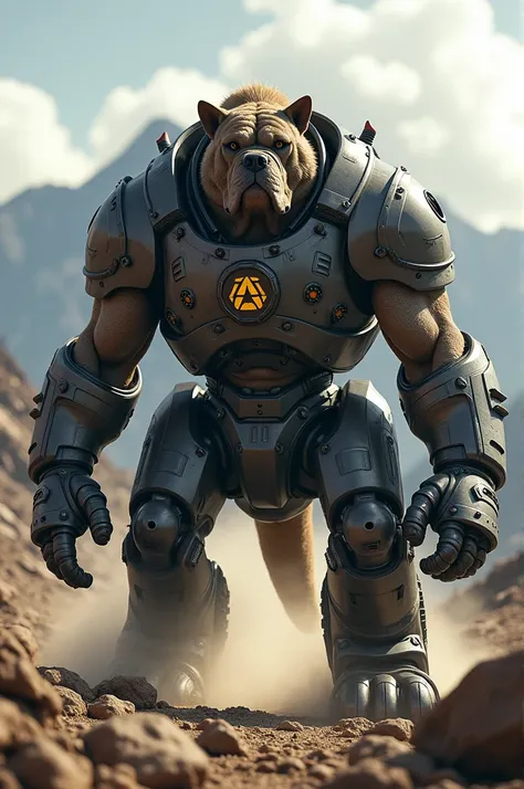 "A monstrous humanoid hybrid of a Bulldog and an off-road truck standing firmly on a rocky trail, muscular canine form with heavy-duty tires and armored plating, dust swirling around, dramatic mountain range in the background, cinematic lighting, ultra-rea...