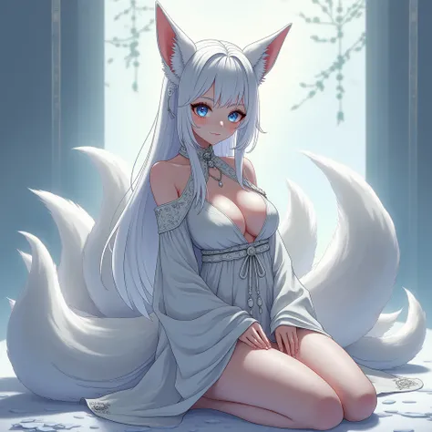 Anime A woman with 5 breast sizes with white hair and blue eyes nine white fox tails and fox ears is dressed in

kimono