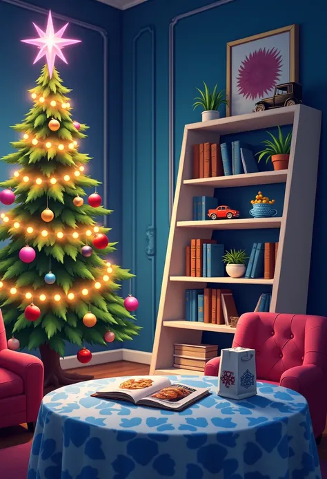  A living room decorated for Christmas . On the left side,  a Christmas tree adorned with bright colored lights and festive ornaments ,  with a purple star on top .  To the right of the tree ,  a slanted white bookcase filled with several books , a plant i...