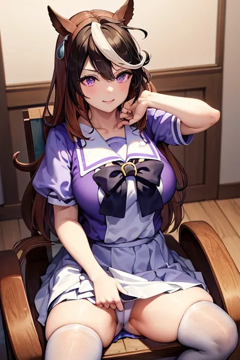 Symboli Rudolf,One person、girl、Horse tail、purple eyes,best quality,large breasts,whole body,seductive smile, tracen school uniform, sailor collar, bowtie, purple shirt, sailor shirt, short sleeves, white skirt, white thighhighs,white kneehighs,Narrowed sle...