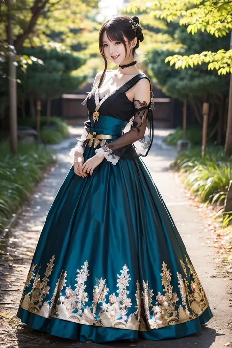  wearing a blue dress with a long skirt,   Japanese idol 、Full dress,  fantasy dress,  Elegant and Attractive Cosplay , Japanese model wearing fantasy style formal attire ,  black shimecut hairstyle,  looking at camera、Detailed and beautiful eyes、 cute smi...