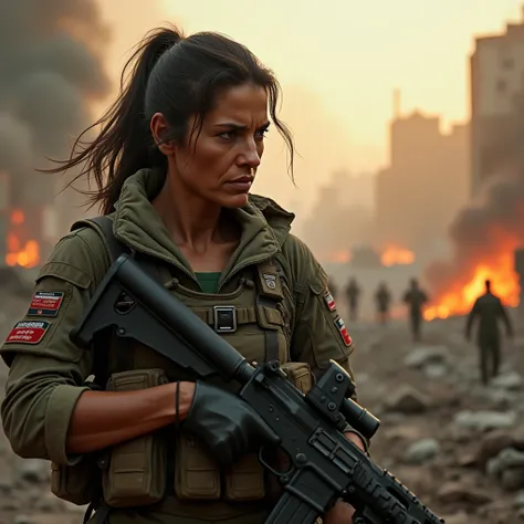 an epic scene of a 40 year old tough arabic mature woman with glowing oily face skin as palestinian freedom fighter firing her assault rifle, in tactical outfit, burning city of gaza in background, real model, real people, real scene, real skin texture, HD...