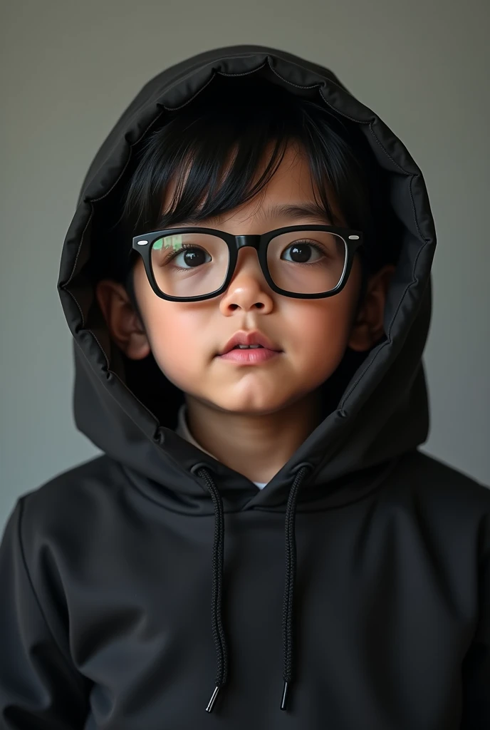 tall young chubby filipino male wearing an oversized black puffy hoodie, wearing black framed square shaped anti-radiation glasses too, has black hair styled into a middle part, hooded eyes with black irises, long eyelashes and thick eyebrows, dark eye cir...