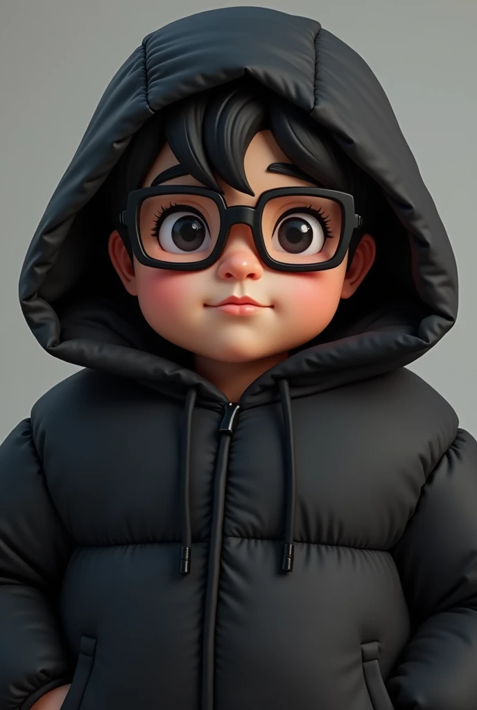 tall young chubby filipino male wearing an oversized black puffy hoodie, wearing black framed square shaped anti-radiation glasses too, has black hair styled into a middle part, hooded eyes with black irises, long eyelashes and thick eyebrows, dark eye cir...